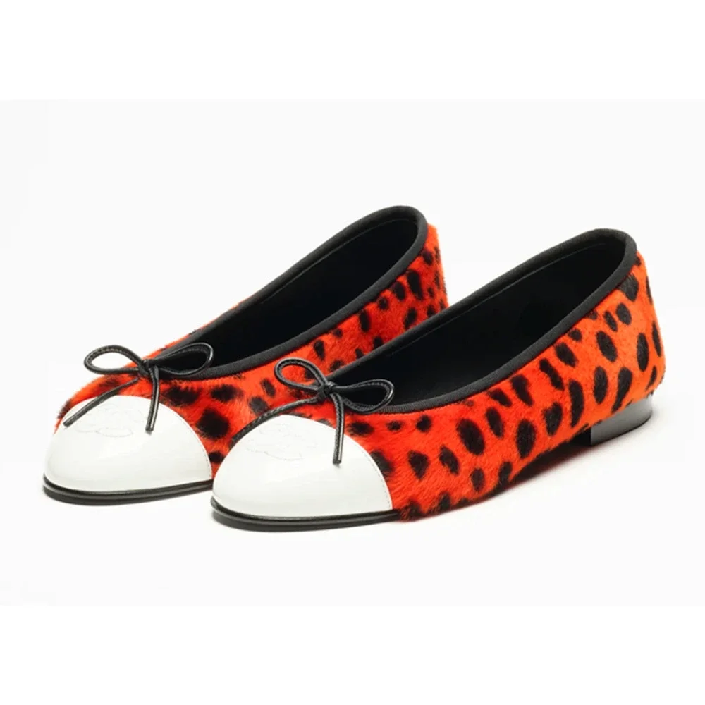 Chanel 26A Orange Leopard Pony Fur Black White CC Logo Ballet Ballerina Flat 39